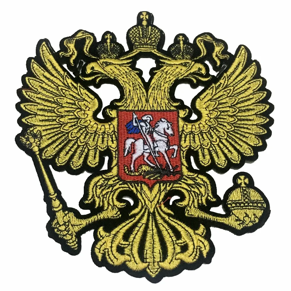 

New Large Gold Russian Flag Patches Iron on Double Eagles Embroidered Patch for Clothes Coat Adhensive Decoration Applique