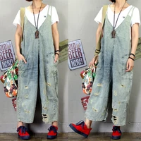 free shipping 2019 new fashion ankle length overalls denim loose jumpsuits and rompers plus size jumpsuits with holes for women