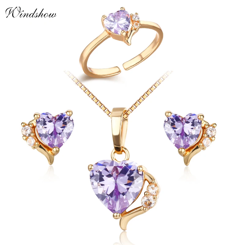 Подвеска в виде сердца фиолетового цвета кубический циркон ожерелье серьги