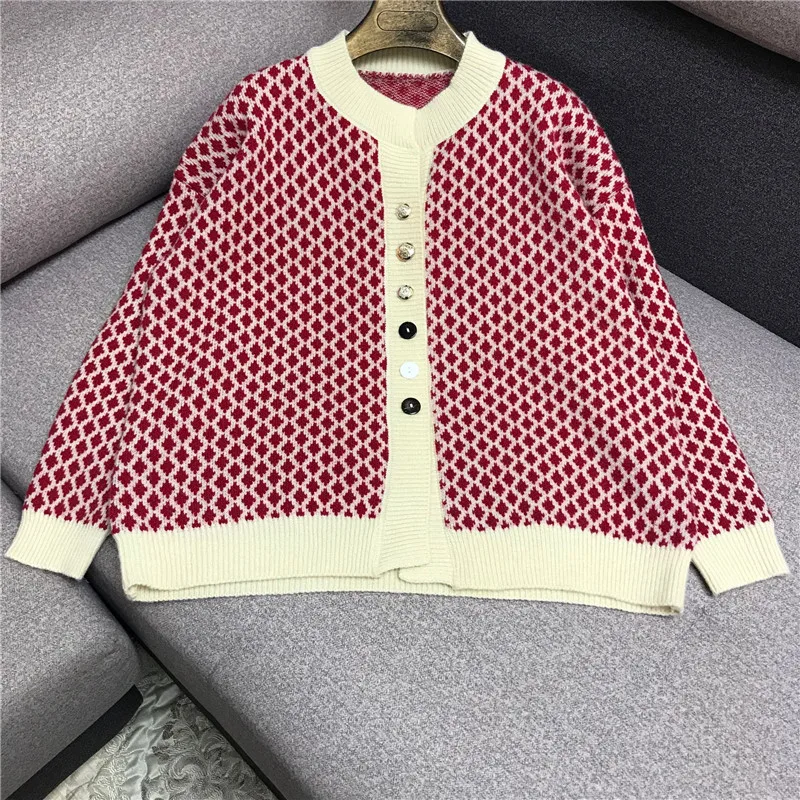 Luxury Designer Brand Knitted Sweater for Women O Neck Vintage Diamond lattice Loose Cardigans 30% Wool |