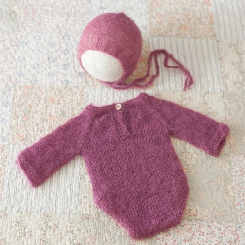 knit mohair romper hat set outfit baby boy girl protography prop newborn bonnet knitted costume sitter |