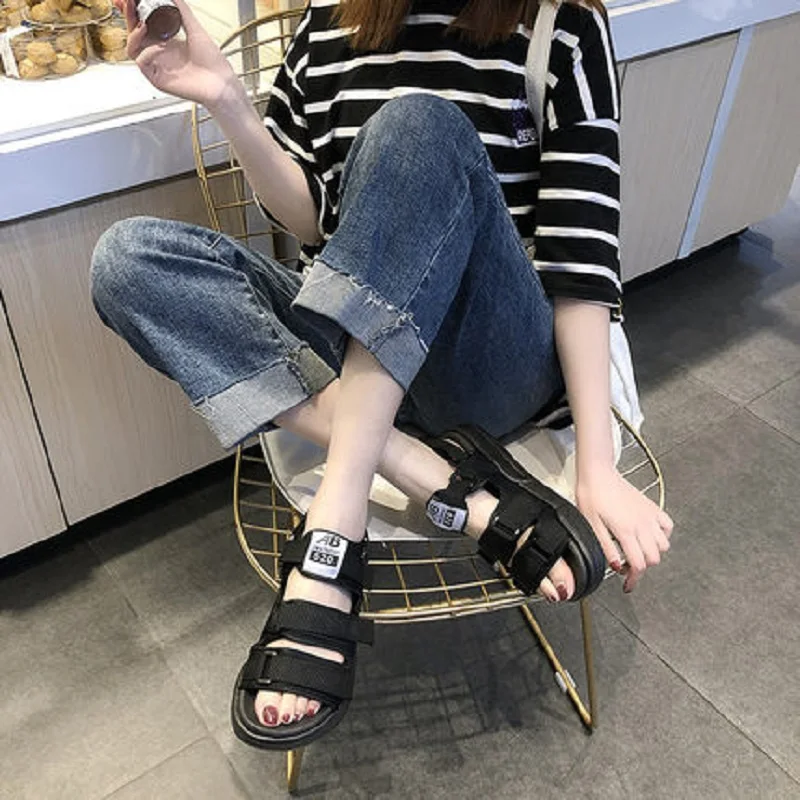 2019 new summer platform sandals women's flat open toe casual black | Обувь