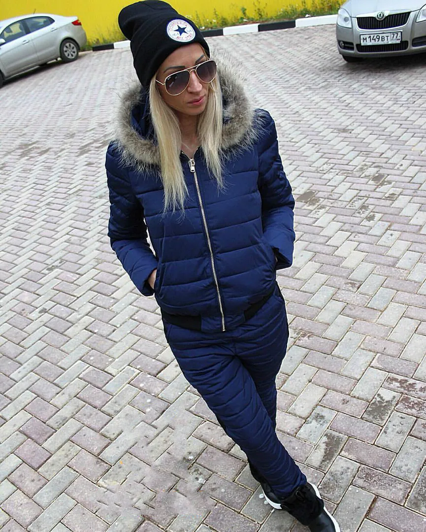 

2021 Crop Top And Fur Pants Set Real Full Zipper The New Winter Jack Suit Heavy Hair Collar Hooded Warm Women's Cotton +