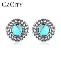 czcity new authentic 925 sterling silver bohemia turquoise stud earrings for women vintage original earrings thai silver jewelry