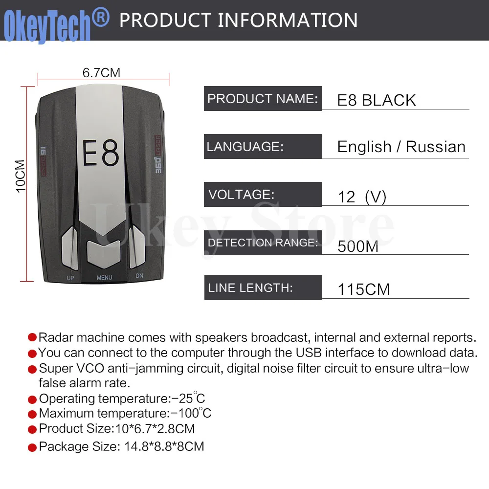 Okeytech e8 Best автомобиля металла Антирадары Full Band 360 градусов Антирадары сканирования голос анти-полиции Английский Русский Предупреждение
