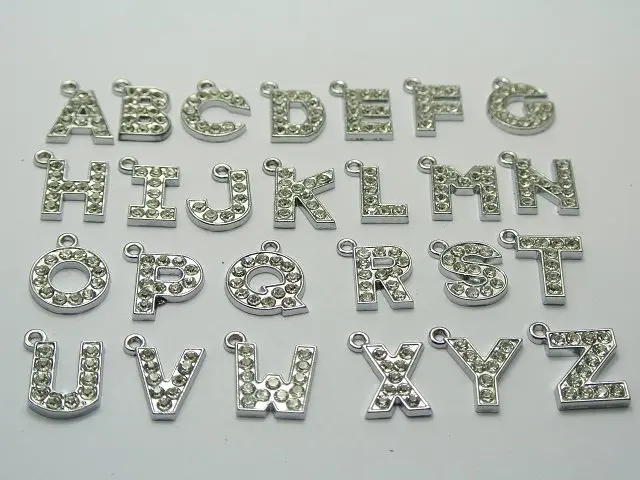 

26 Mixed Silver Colour Tone Alloy Rhinestone Alphabet Letter "A-Z" Charms Pendants