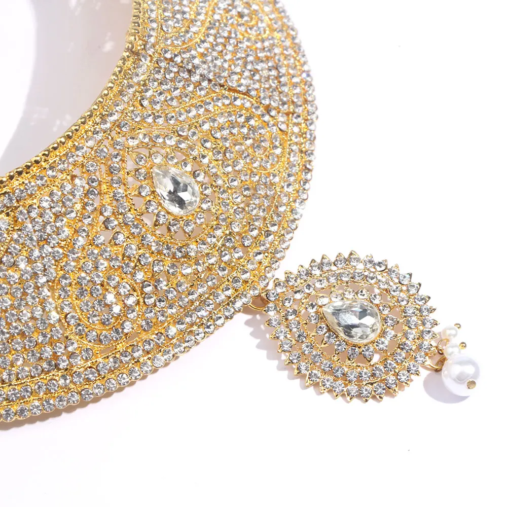 JUST FEEL Dubai Crystal Gold Color Jewelry Sets African Wedding Bridal Imitation Pearl Water Drop New Necklace Earring Headdress | Украшения