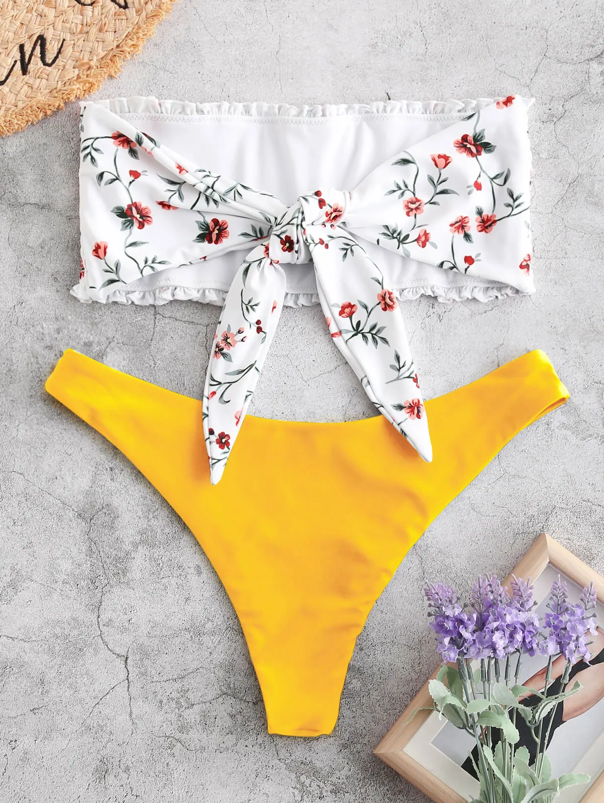 ZAFUL Бикини Растрепанный Растительный Принт Bandeau Bikini Set Женщины Без Бретелек Купальник Без Проводов Эластичный Купальник С Низкой Талией Без Подкладки