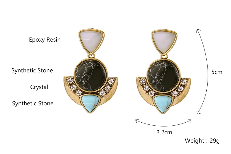 Antique Gold Color Patterned Synthetic Stone Black Earring Geometric Pendant Women Resin Vintage | Украшения и аксессуары