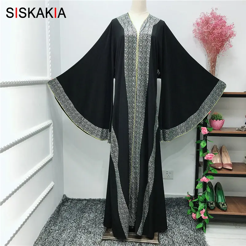 Black abaya Siskakia Роскошная Горячая фиксация Стразы Цвет Блок мусульманский абайя большой расклешенный рукав кардиган Jubah с твердым шарфом и кисточкой пояс - Цвет: Black abaya