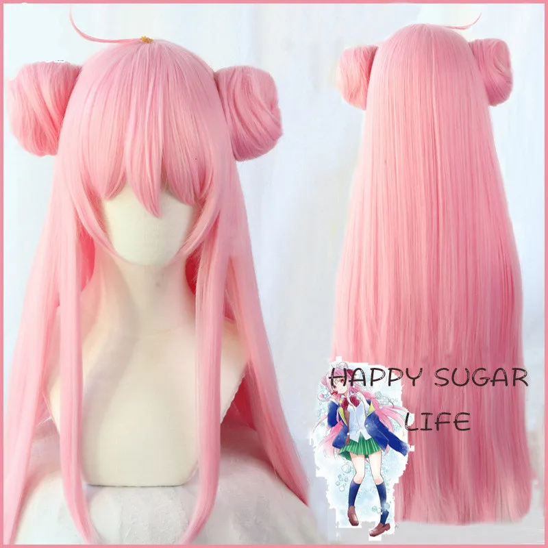 Парик для косплея Happy Sugar Life Satou Matsuzaka розовый парик с булочками прямые длинные