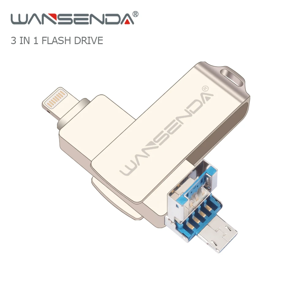Новый флеш накопитель Wansenda OTG USB USB3.0 128 ГБ 64 32 16 3 в 1 высокоскоростной для iOS/Android/PC