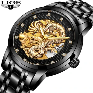 Часы наручные LIGE Мужские механические, Роскошные автоматические модные водонепроницаемые из нержавеющей стали, с драконом