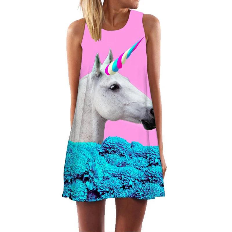 Женское винтажное Короткое мини платье без рукавов с 3D принтом единорога Boho