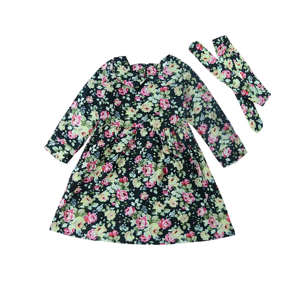 

Kids Girls Clothes Shivering Kleding Floral Print Casual A-Line Dress Headband 2pcs Girls Clothes