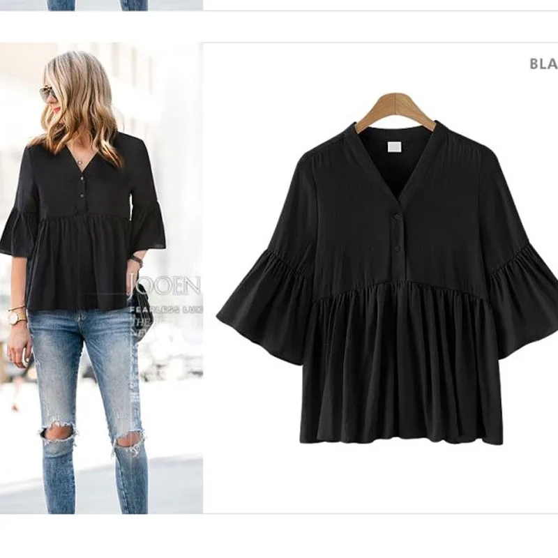 2020 Large size women's fat solid color blouse top fashion in summer Flare sleeve V-neck Lady shirt Doll type women 3606 50 | Женская