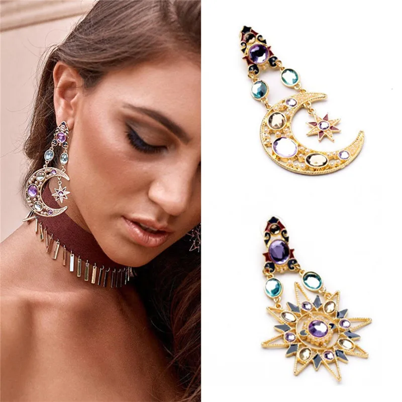 Женские длинные серьги Стразы в винтажном стиле солнце и луна Модные Этнические