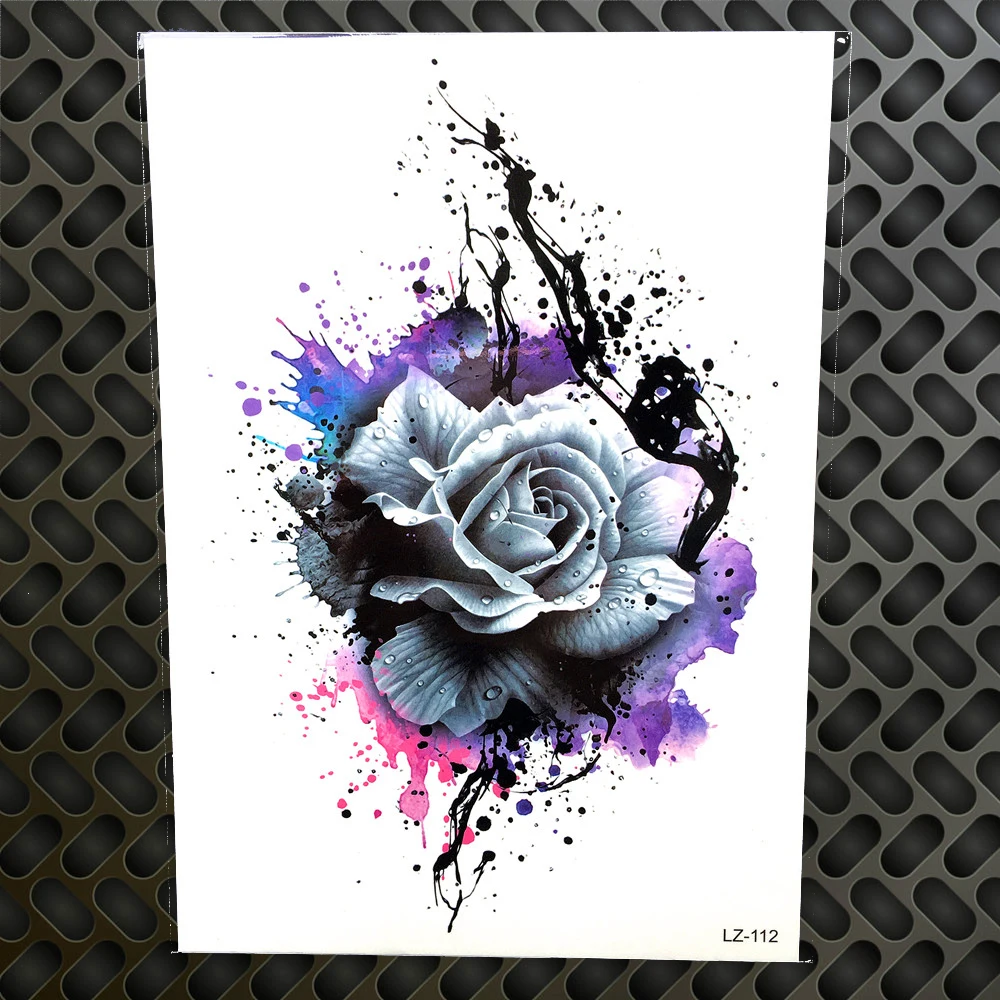 

3D Watercolor Purple Rose Henna Temporary Tattoo Stickers Women Men Body Art Large Arm Chest Tattoo Fake Flash Flower Tatoo Sexy