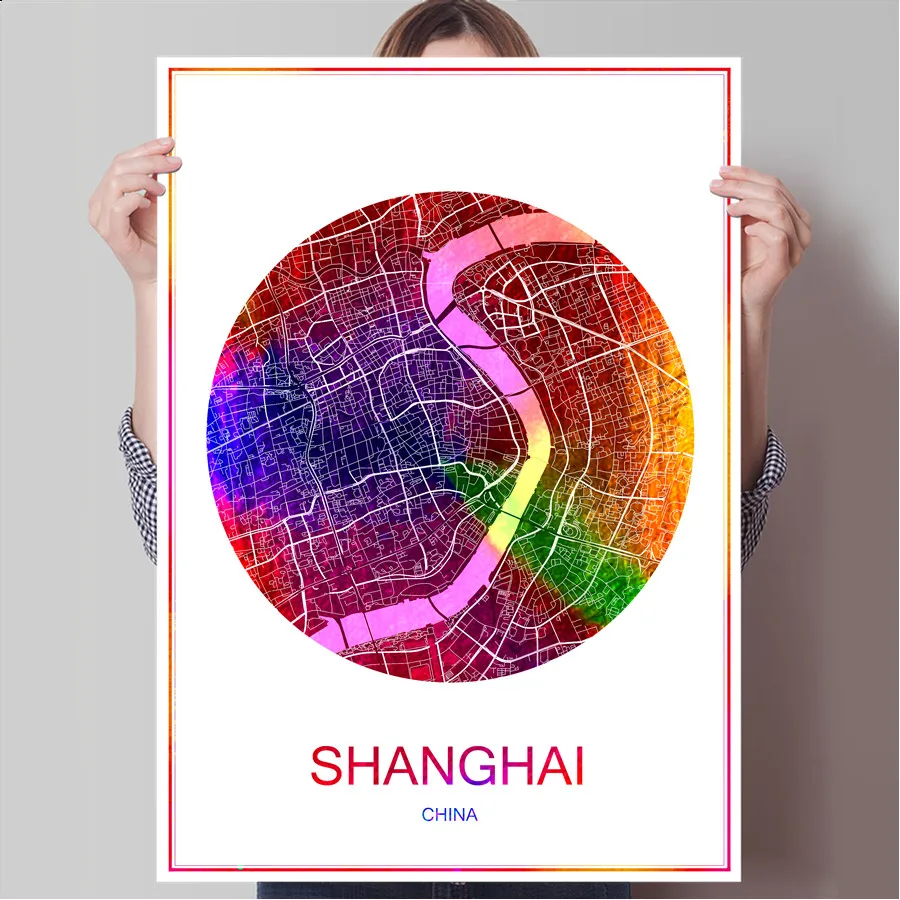 Карта всемирно известных городов Шанхай китайский печатный плакат печать на