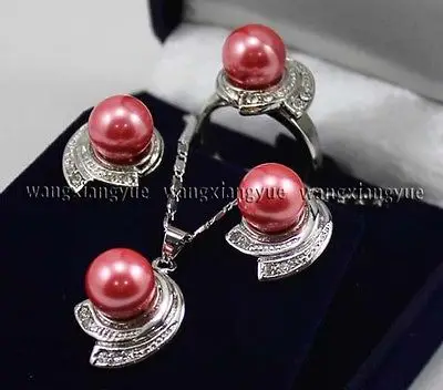 Фото Розовая роза из южного моря жемчужные серьги кольцо и ожерелье кулон набор> 18K