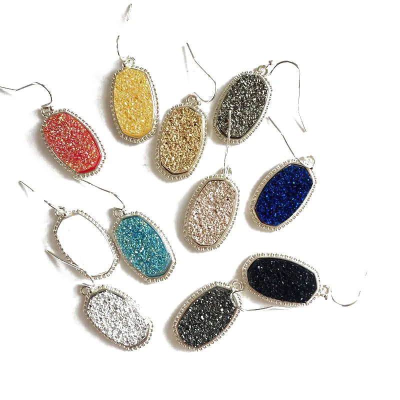 YJX030 Серебряный тон Модные женские имитация Druzy Камень акценты в рамке овальные Drusy эффектные висячие серьги