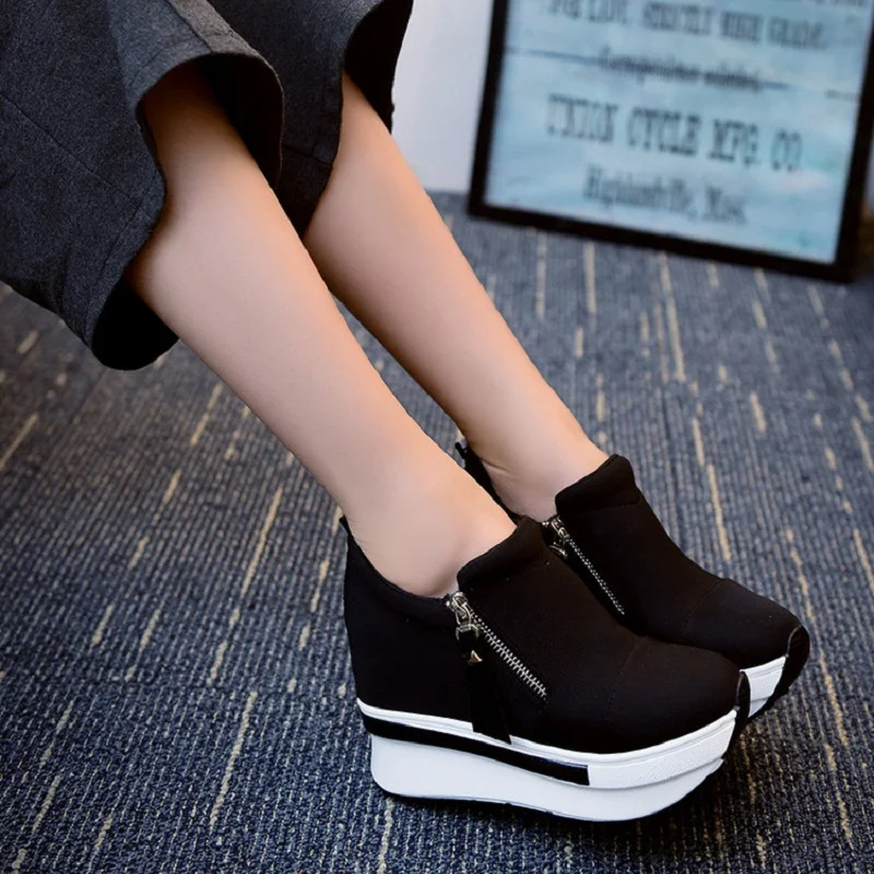 New 2021 Spring Women Wedges Shoes High Top Fashion Zipper Casual Female Height Increasing Platform Sneakers | Обувь