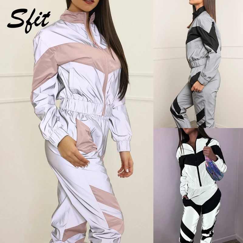 Sfit Женская мода Светоотражающие сплайсинга с длинным рукавом на молнии