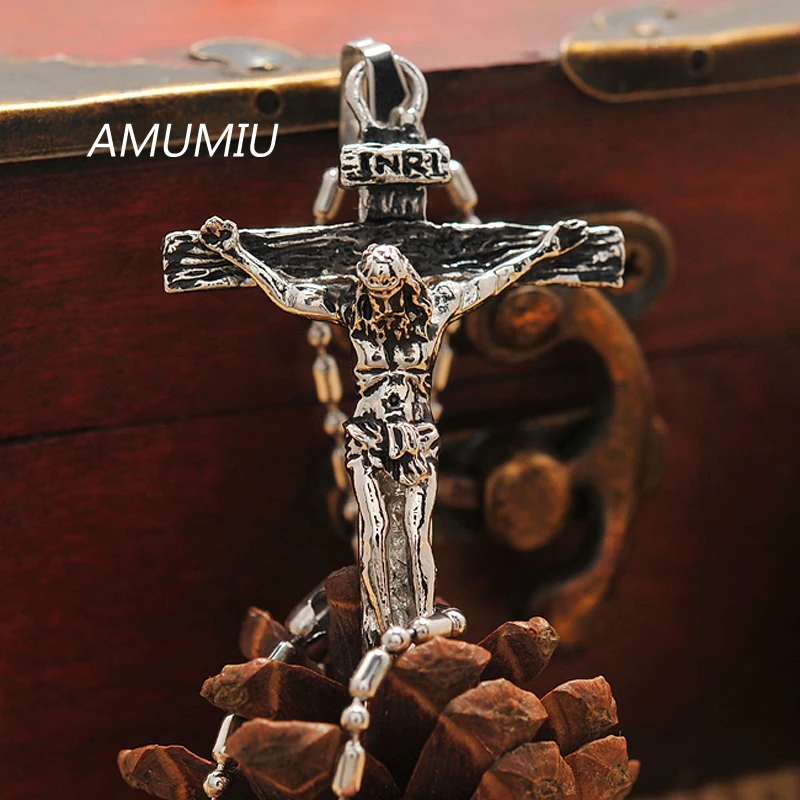 Wholesale HZP164: AMUMIU Biker Jewelry for Men - 316L Stainless Steel Pretty INRI Crucifix Pendant Necklace image 6