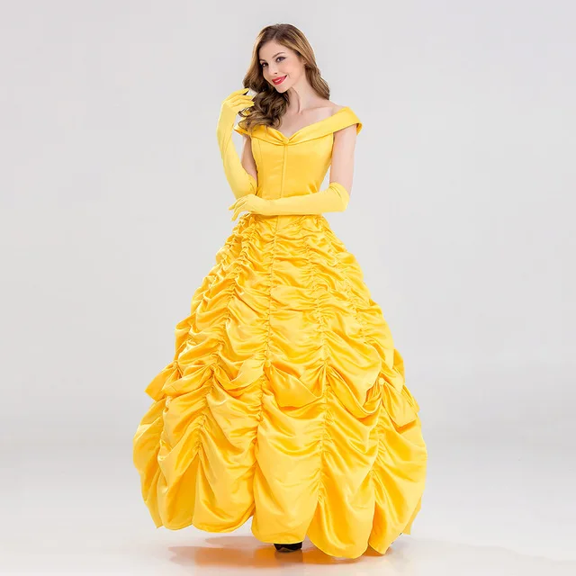 high quality beauty and beast belle dress adult princess belle cosplay costume fancy princess dress or wigs costume long dresses free global shipping
