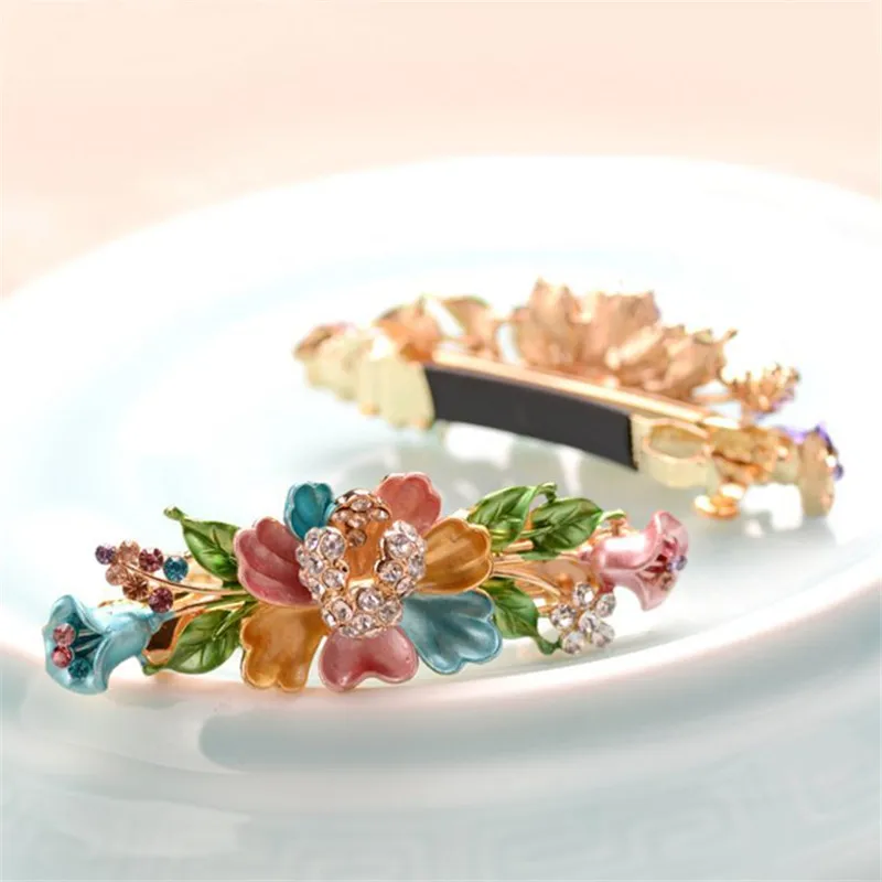 

Top Quality Crystal Enamel Flowers Barrettes For Women Fashion Hair Jewelry Metal Hair Clip Bride Wedding Hair Accessories Gifts