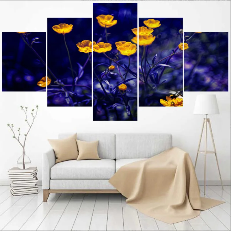 Картины с фиолетовыми золотыми цветами для спальни 5 шт. настенное искусство