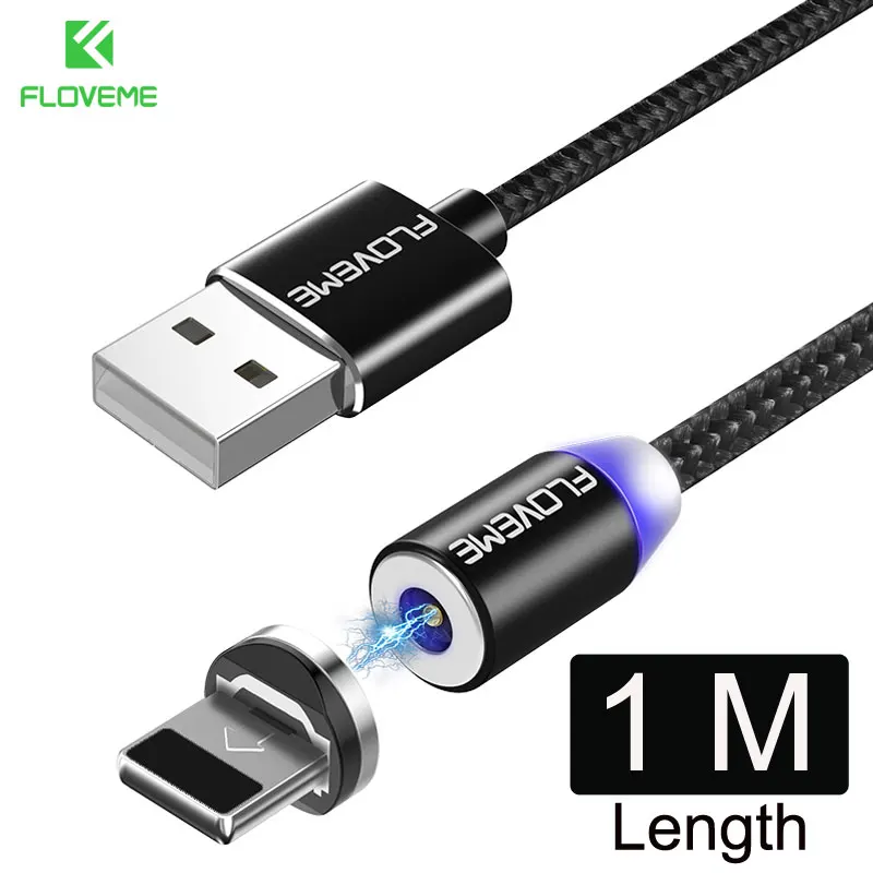 FLOVEME 1 м светодио дный Магнитная USB кабель Micro USB/Тип C/для Apple iPhone X XS Max магнитное зарядное устройство, кабель для samsung Xiaomi LG Кабо зарядное устройство usb кабель магнитная зарядка кабель - Цвет: 1 M Black