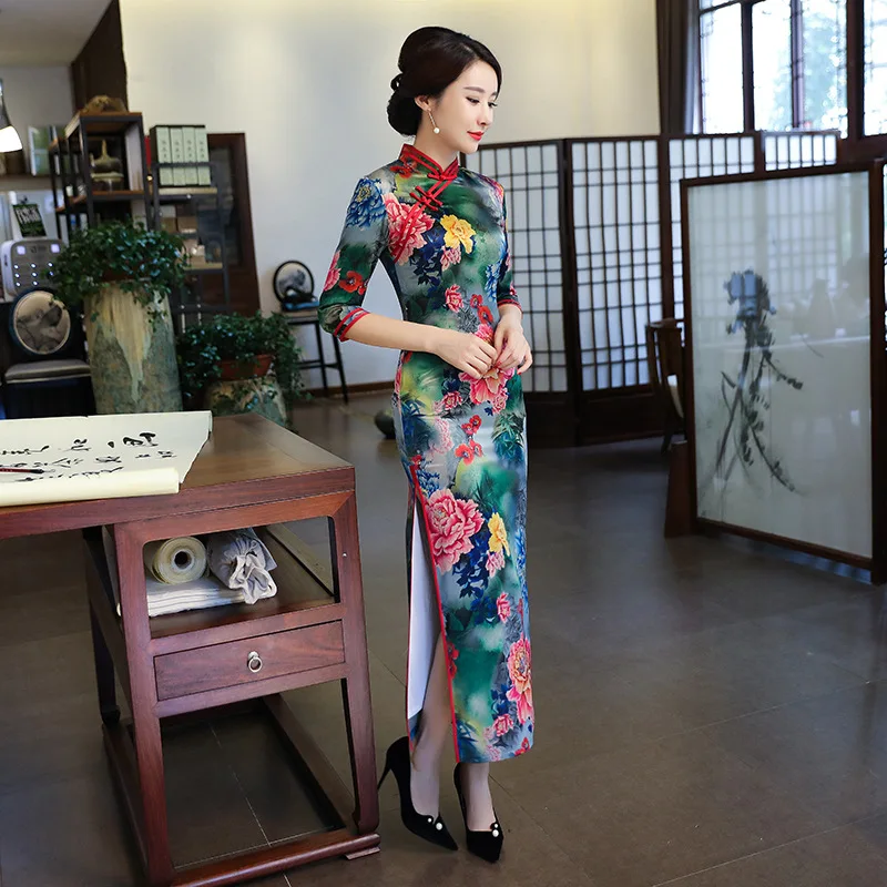 2018 зимнее шелковое традиционное китайское платье cheongsam китайские платья qipao