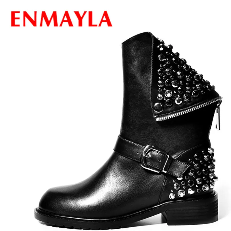 

ENMAYLA New Classic Black Rivets Punk Half Boots Women Med Heels Bukle Shoes Woman Winter Warm Motorcycle Boots Shoes Size 39
