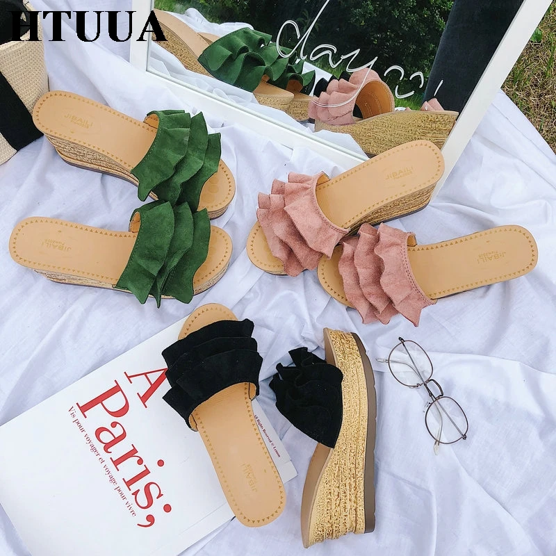 HTUUA/Новые летние женские шлепанцы на танкетке с открытым носком и оборками