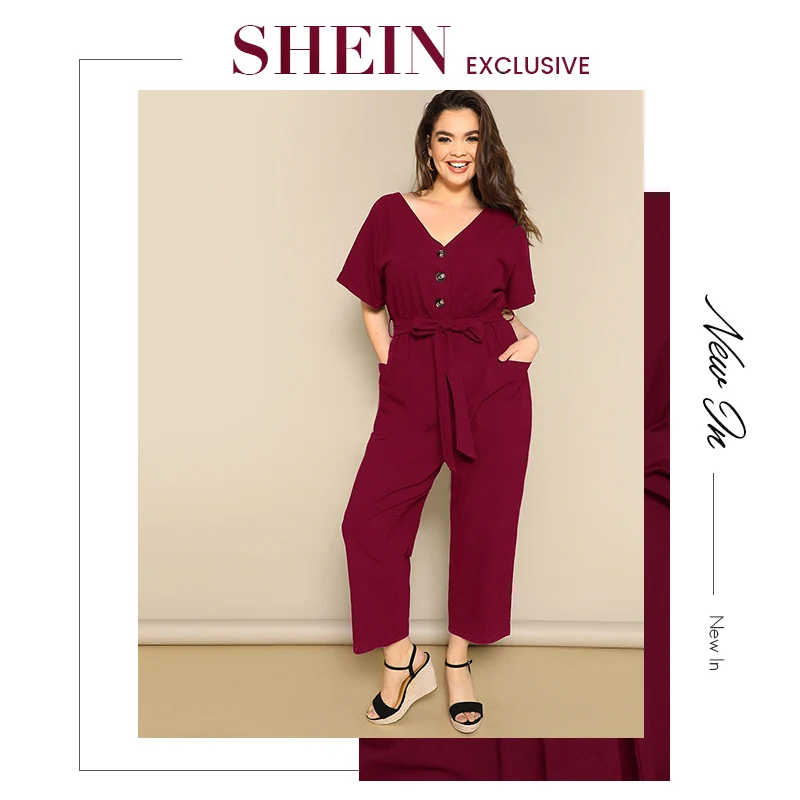 SHEIN Plus Size Button Front Wide Leg Belted Jumpsuit Women Spring Summer Casual V Neck Short Sleeve Longline Jumpsuits