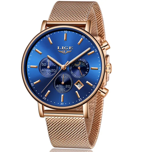 Rose gold blue Часы-подарок к празднику Для женщин LIGE часы модные Повседневное кварцевые часы дамы лучший бренд роскошных часов Девушка наручные часы Relógio - Цвет: Rose gold blue