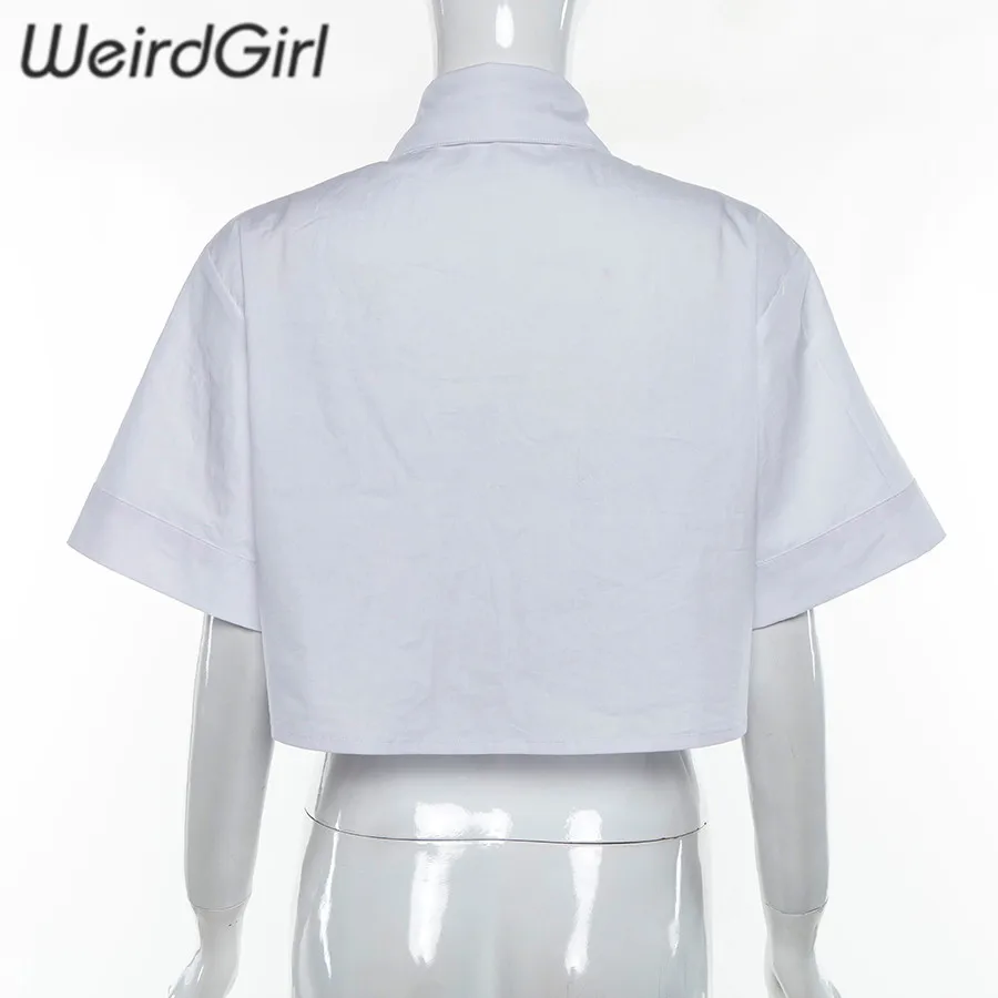Weirdgirl/женские модные футболки из чистого хлопка с коротким рукавом и отложным воротником, белые вечерние футболки на пуговицах для клуба, уличная одежда для девушек, летняя офисная одежда