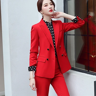 Red Pant Suit Офис работы Блейзер костюмы высокого качества женские туфли из органической кожи Штаны костюм блейзеры Куртки с брюк комплект из двух предметов красный розовый синий - Цвет: Red Pant Suit