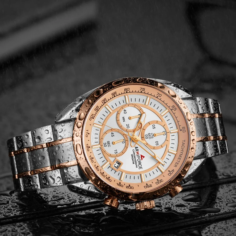 ARMIFORCE модный хронограф мужские часы полностью из нержавеющей стали Кварцевые