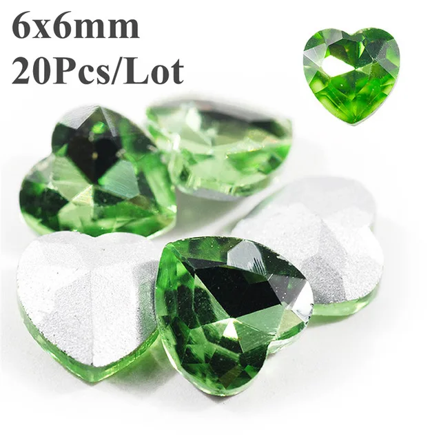light green 6 мм 20 шт сердце для ногтей стеклянные стразы 3D с плоской задней частью камни на День святого Валентина красочные хрустальные маникюрные художественное оформление ногтей драгоценные камни - Цвет: light green