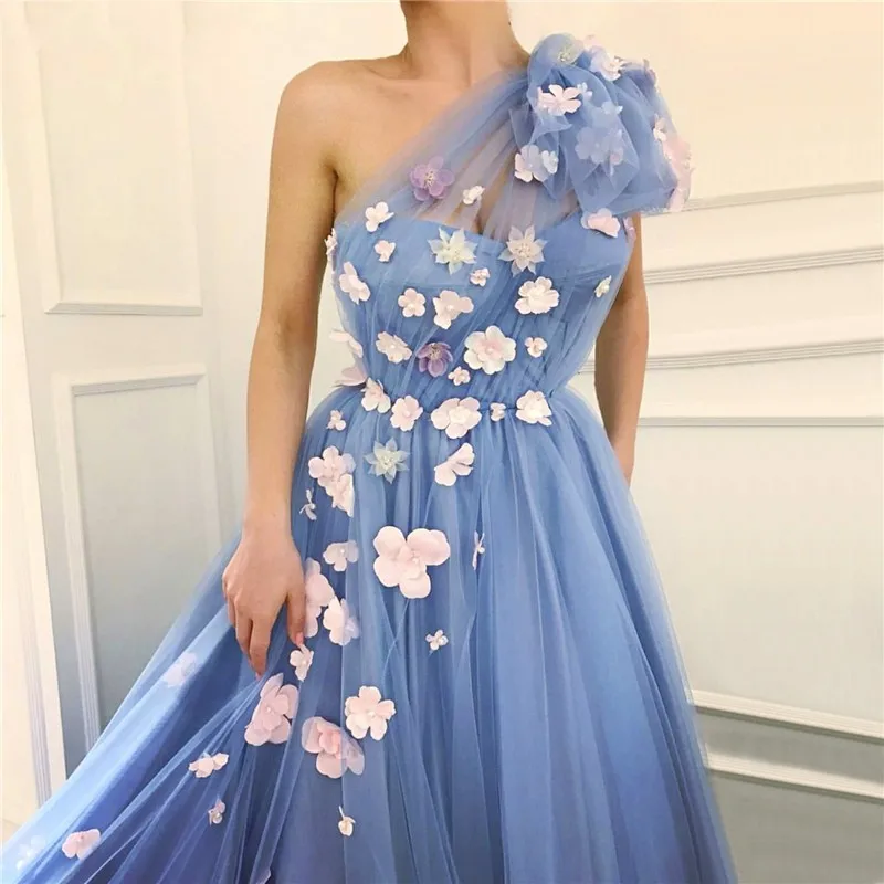 На заказ Vestidos de Fiesta Largos Elegantes de gala одно плечо Цветы Тюль без рукавов Длинные Выпускные платья торжественное платье