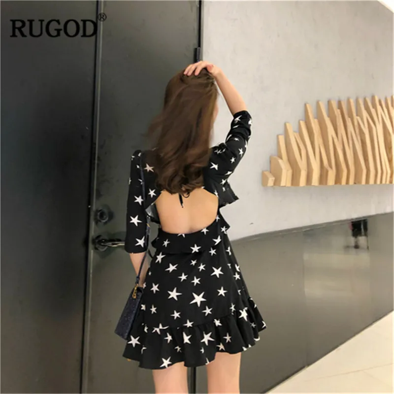 RUGOD 2019 Мини женское платье с открытой спиной Элегантные коротким рукавом