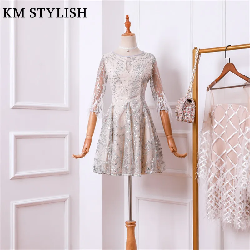 

2019 Early Spring New Banquet Apricot Party Short Bud Dresses Half Sleeve Feather Slim Elegant Black Empire O-neck Dress Female