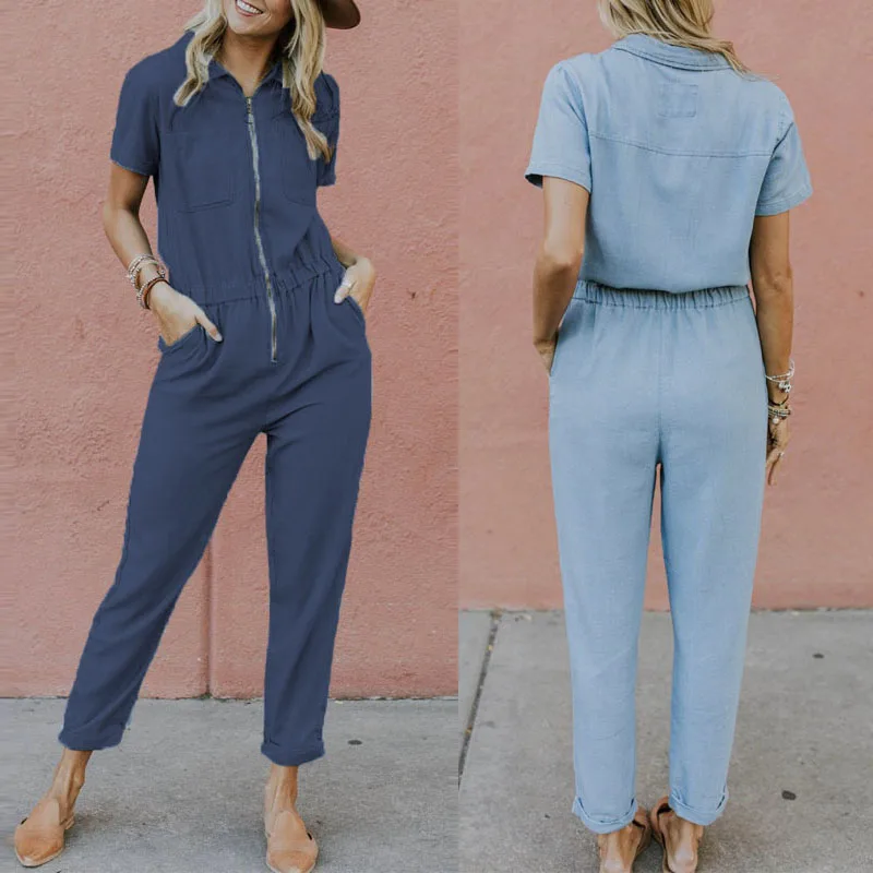 S 5XL ZANZEA Summer Party Jumpsuit Women Denim Blue Elastic Waist Rompers Short Sleeve Zipper Long Playsuits Pants Femme