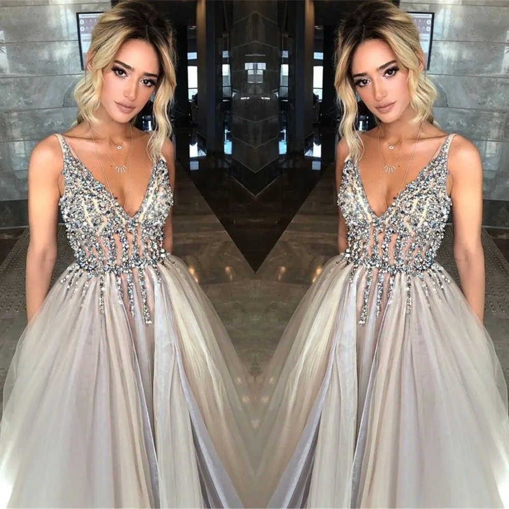 

Серое вечернее платье из тюля с бусинами, V-образным вырезом, открытой спиной, иллюзионное длинное платье для выпускного вечера, официальные...