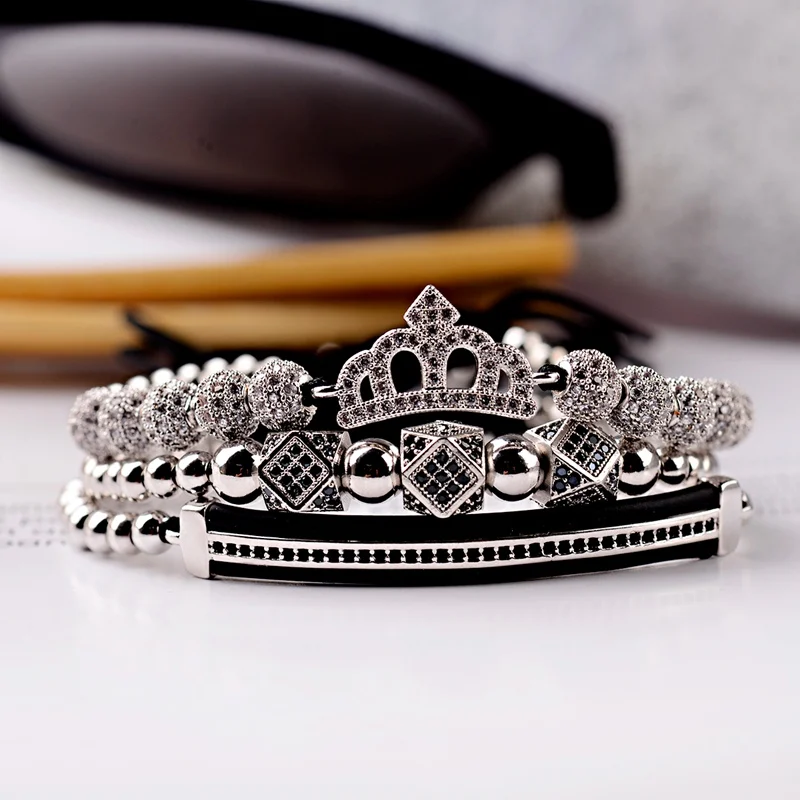 Роскошные CZ King Crown очаровательные мужские медные браслеты с бусинами макраме модные геометрические Длинные трубки набор браслеты и браслеты для женщин