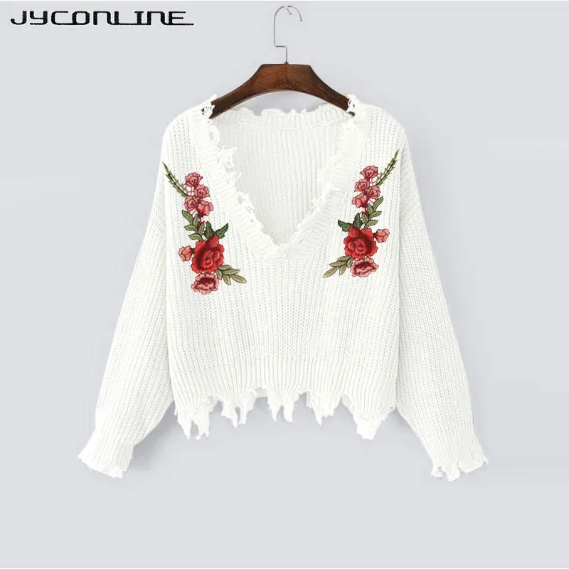 JYConline 2019 Autumn Sweater Women Embroidery Knitted Winter And Pullover Female Floral V Neck Pull Femme Jumper | Женская одежда
