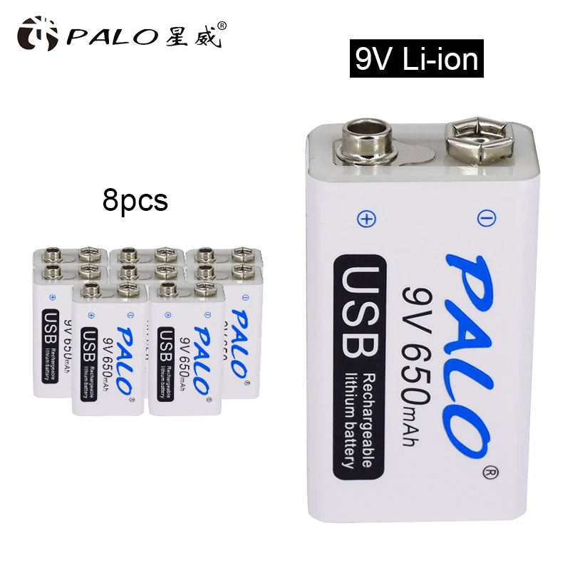 PALO Батарея 9v Перезаряжаемые 6F22 с USB 650Mh Li-Ion Перезаряжаемые Батарея для мультиметр KTV микрофон дистанционного Управление игрушка - Цвет: 8pcs