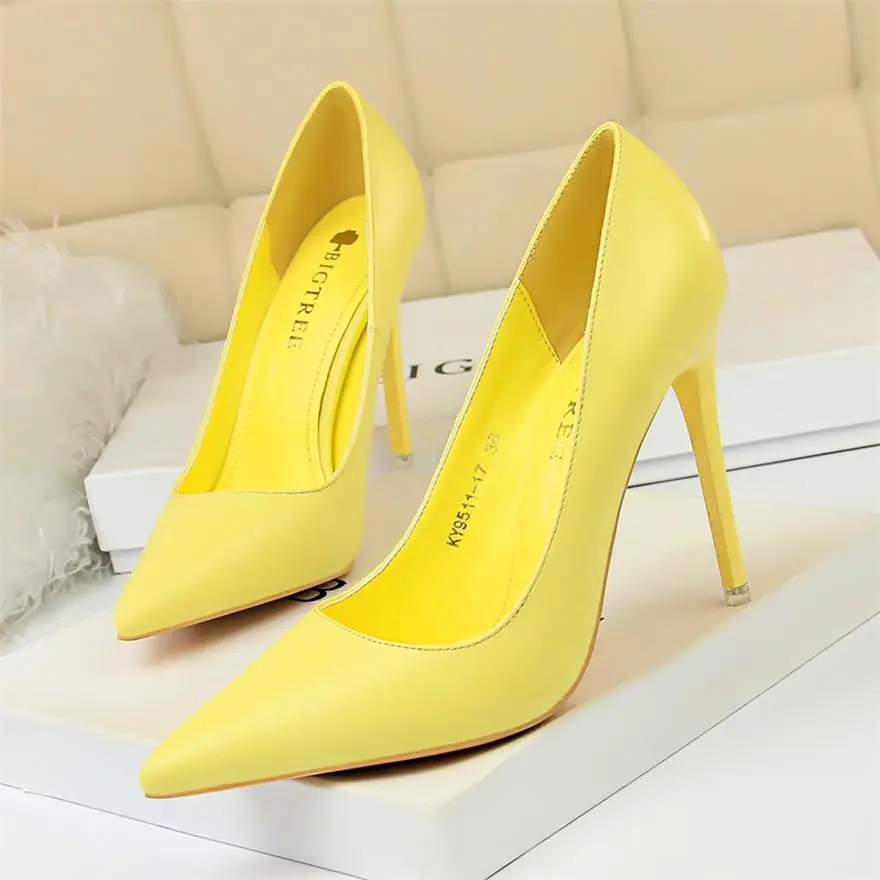 Yellow BIGTREE/модные женские туфли на высоком каблуке из мягкой кожи; яркие цвета; женские туфли-лодочки с острым носком; Женская офисная обувь на тонком каблуке - Цвет: Yellow